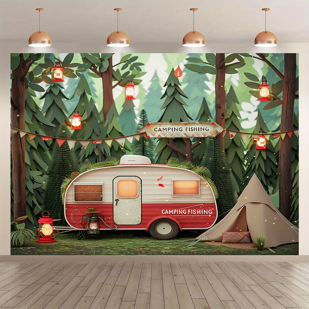 Outdoor Adventure Birthday Party - Polyester orman kamp tema arka plan